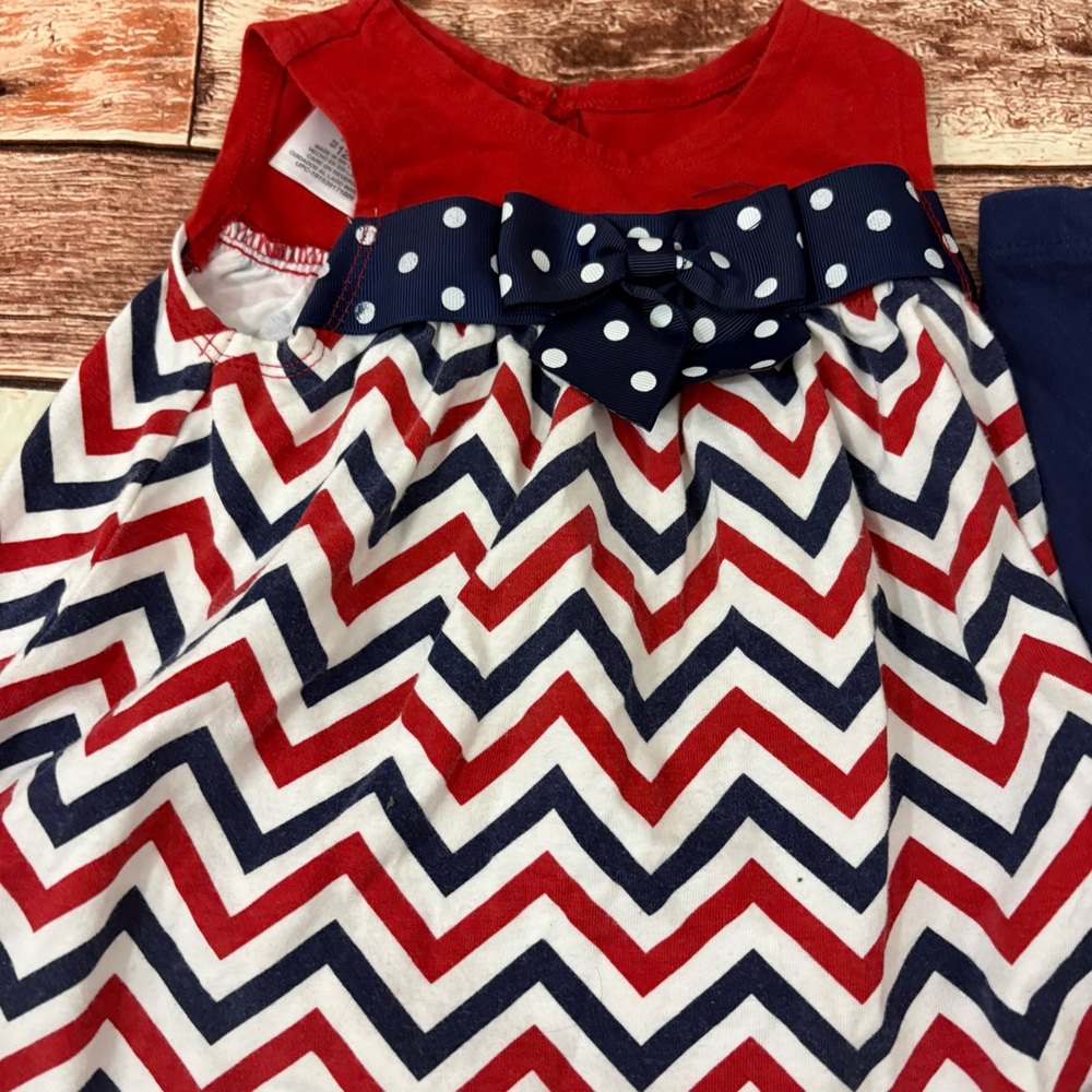 Red, White & Navy Chevron Baby Dress with Navy Leggings patriotic - Picture 2 of 7